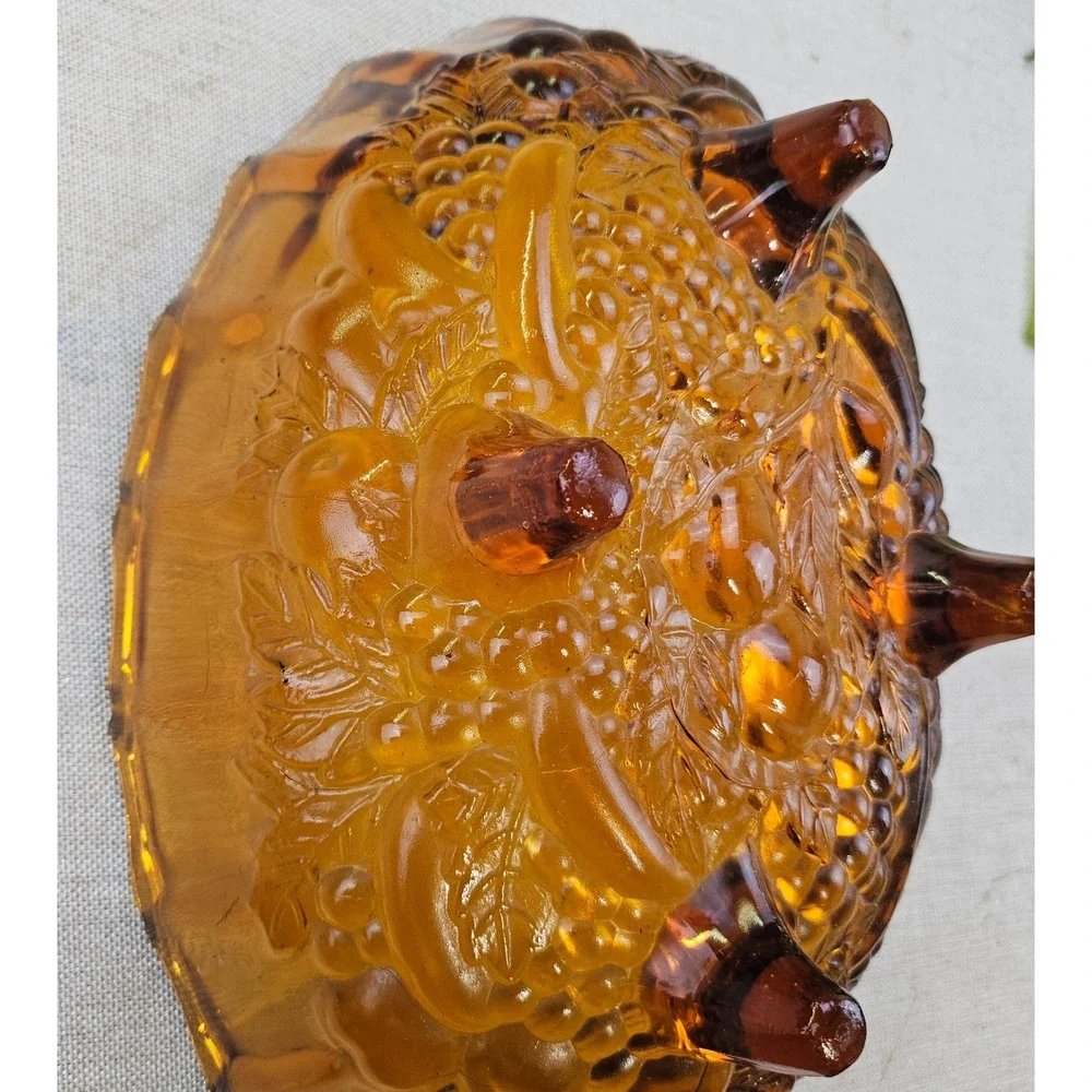 Vintage Amber Indian Glass Fruit Bowl Footed Oval Scalloped Rim Embossed Fruit